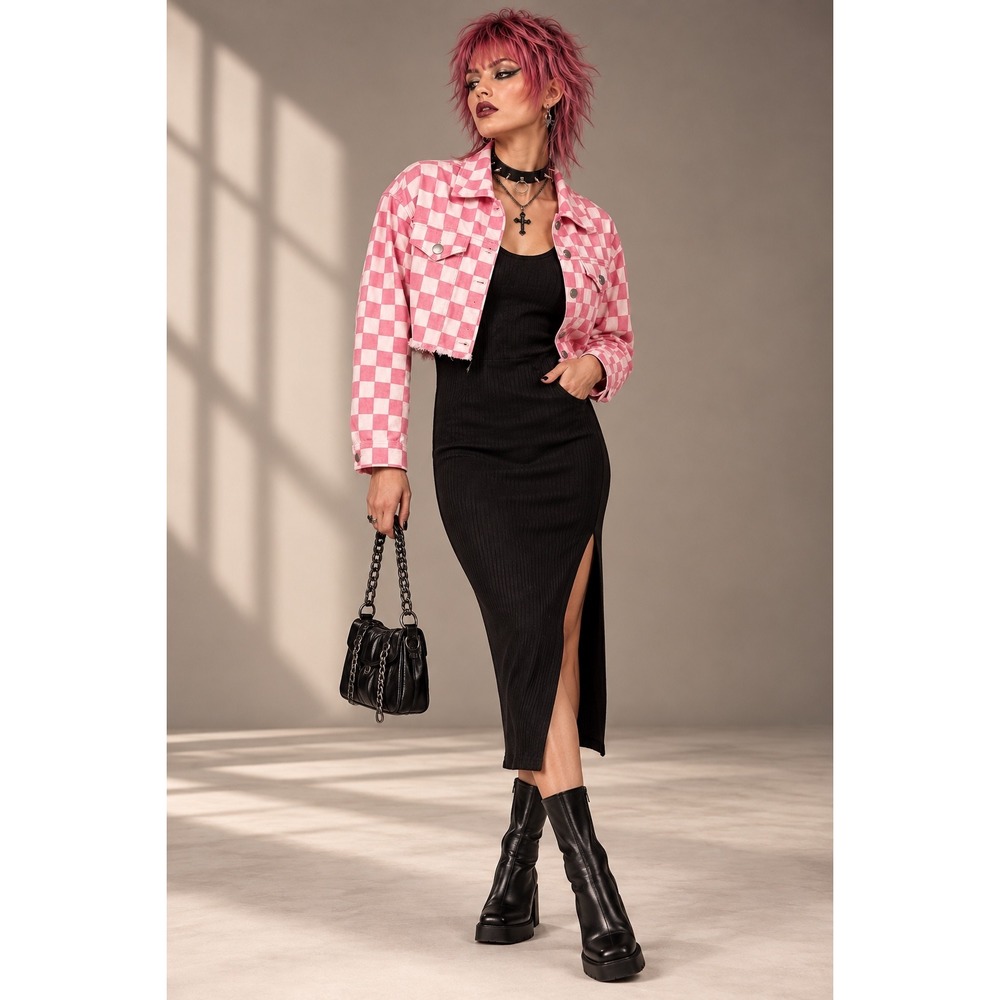 American Bazi Womens Small Pink Checkerboard Cropped Cotton Jacket Raw Hem